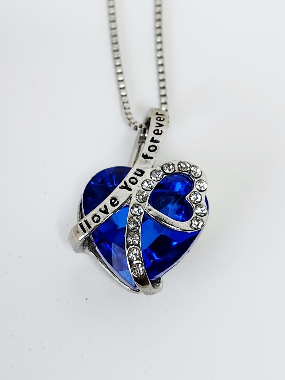 Deep Blue Crystal Heart Rhinestone Necklace I Love You Forever 18 In Chain